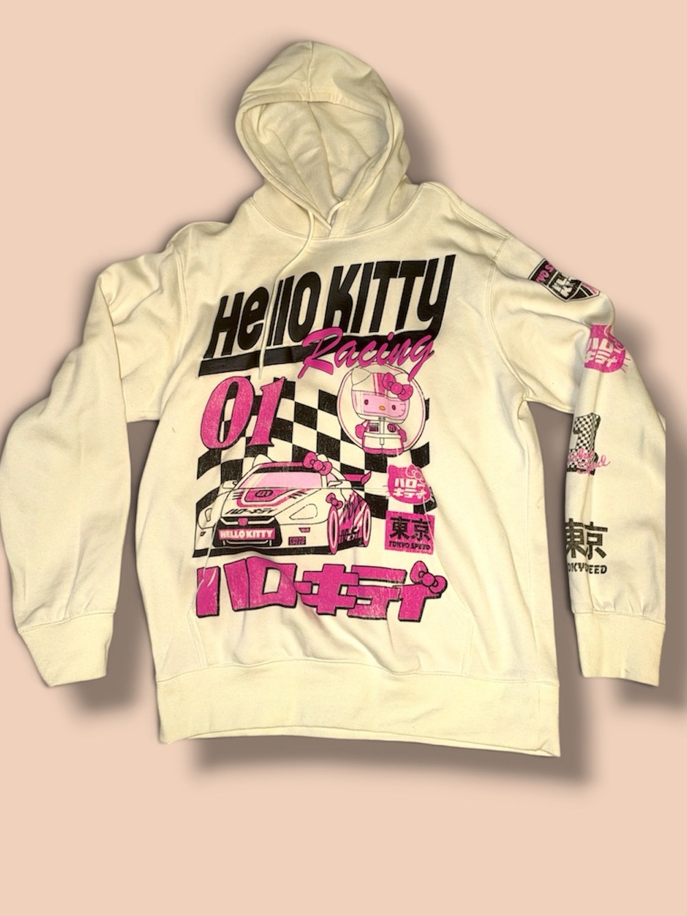 Sanrio Hello Kitty Racing Cream and Pink Hoodie - medium - preowned